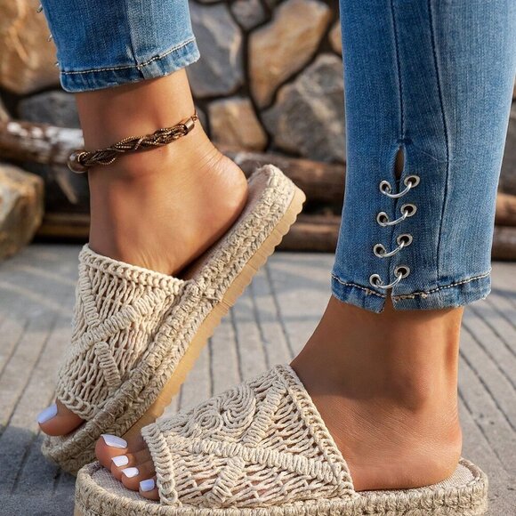 Shoes - Beige Women's Rope Woven Hollow Asymmetrical Flat Sandals